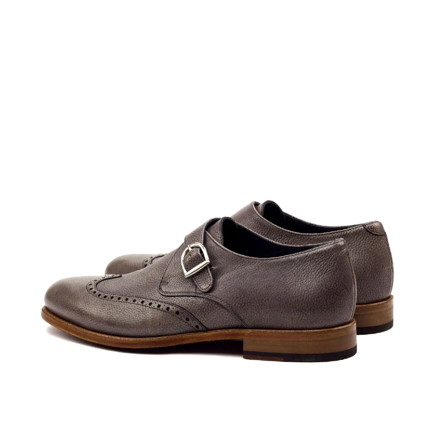 Ambrogio Bespoke Custom Men's Shoes Gray Full Grain Leather Monk-Strap Loafers (AMB1923)