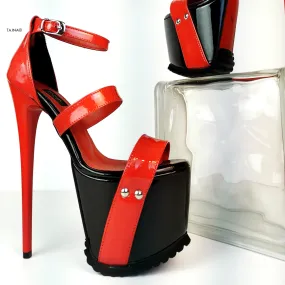 Black Red Patent Serrated Sole Platform Sandals