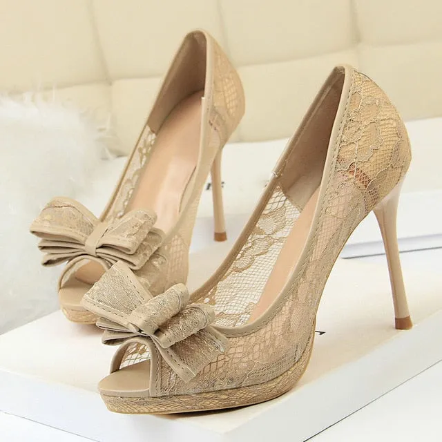 Bowtie High Heels platform heels Ladies Peep Toe Lace black white