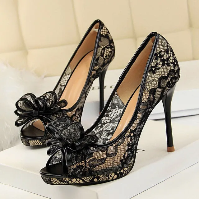 Bowtie High Heels platform heels Ladies Peep Toe Lace black white
