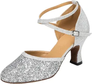 Ladies Latin Dancing Shoes Sparkling High-heeled Ballroom Dancing Tango Dancing Shoes Ladies Sandals(6 cm silver,4.5)
