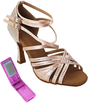 Very Fine Dance Shoes - Ladies Latin, Rhythm, Salsa, Waltz Ballroom Dance Shoes - S1006CC - 2.5-inch Heel and Foldable Brush Bundle - Flesh Satin - 6.5