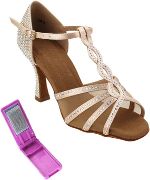 Very Fine Dance Shoes - Ladies Latin, Rhythm, Salsa, Waltz Ballroom Dance Shoes - S1009CC - 3-inch Heel and Foldable Brush Bundle - Flesh Satin - 7.5