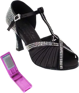 Very Fine Dance Shoes - Ladies Latin, Rhythm, Salsa, Waltz Ballroom Dance Shoes - S1010CC - 3-inch Heel and Foldable Brush Bundle - Black Satin - 7